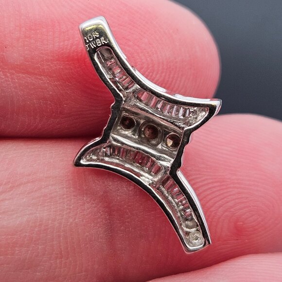 10K White Gold Chocolate Brown Diamond Ribbon Curved Cross Pendant Charm